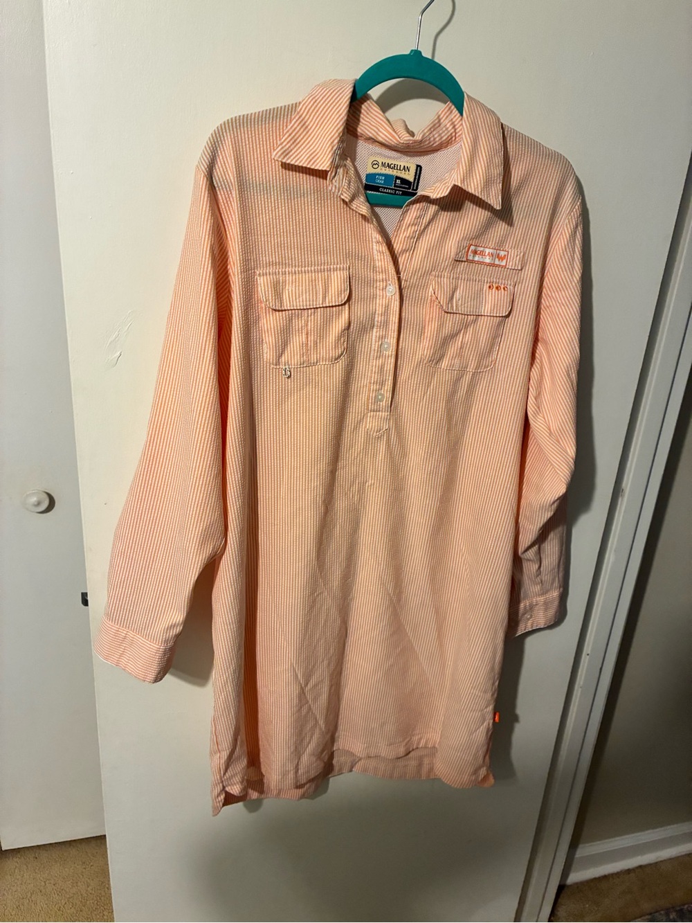 Magellan Outdoors Peach Pinstripe Popover Shirtdress -Size